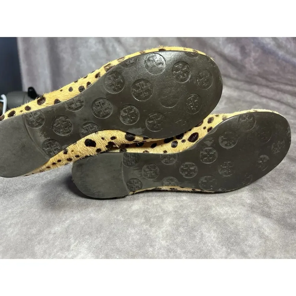 Tory Burch Reva Leopard Haircalf Ballet Flats Gold Logo Womens 6