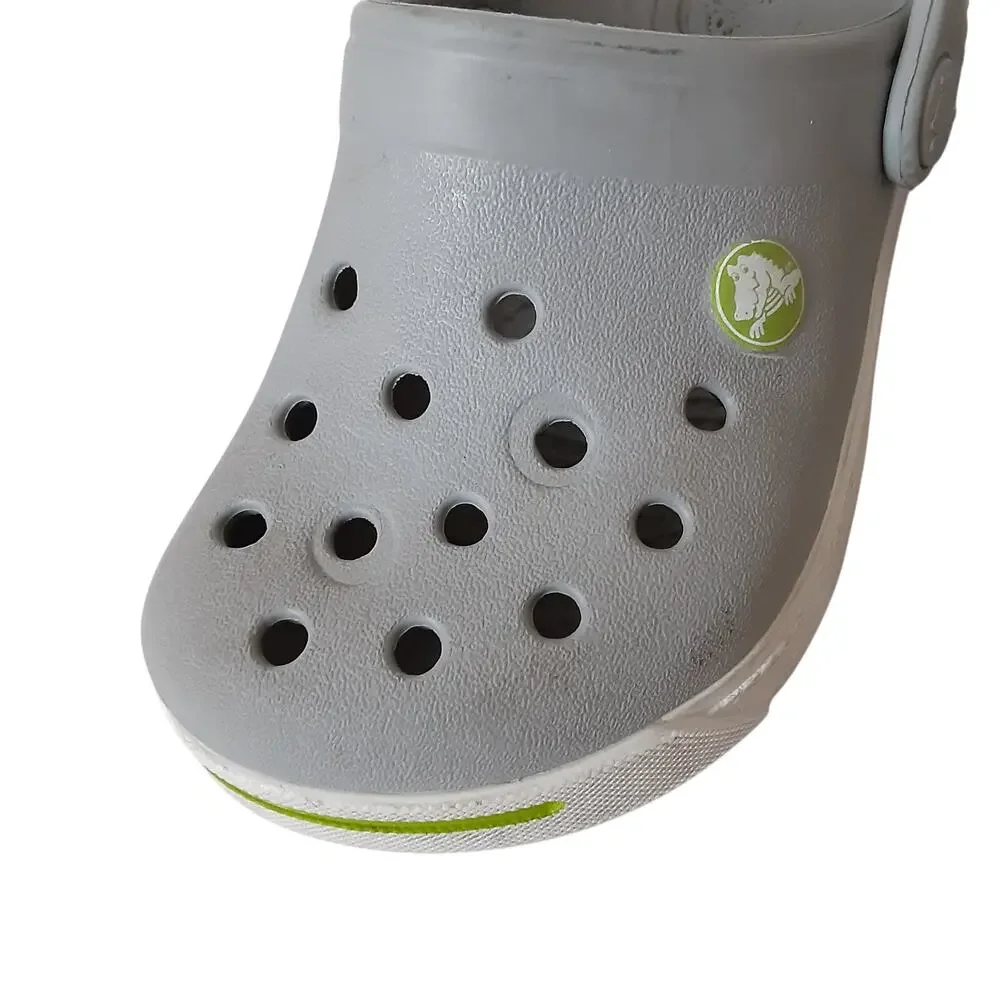 Crocs Crocband Clogs Boys 6/7 Gray Lime Green Stripe Retro Water Shoes Summer