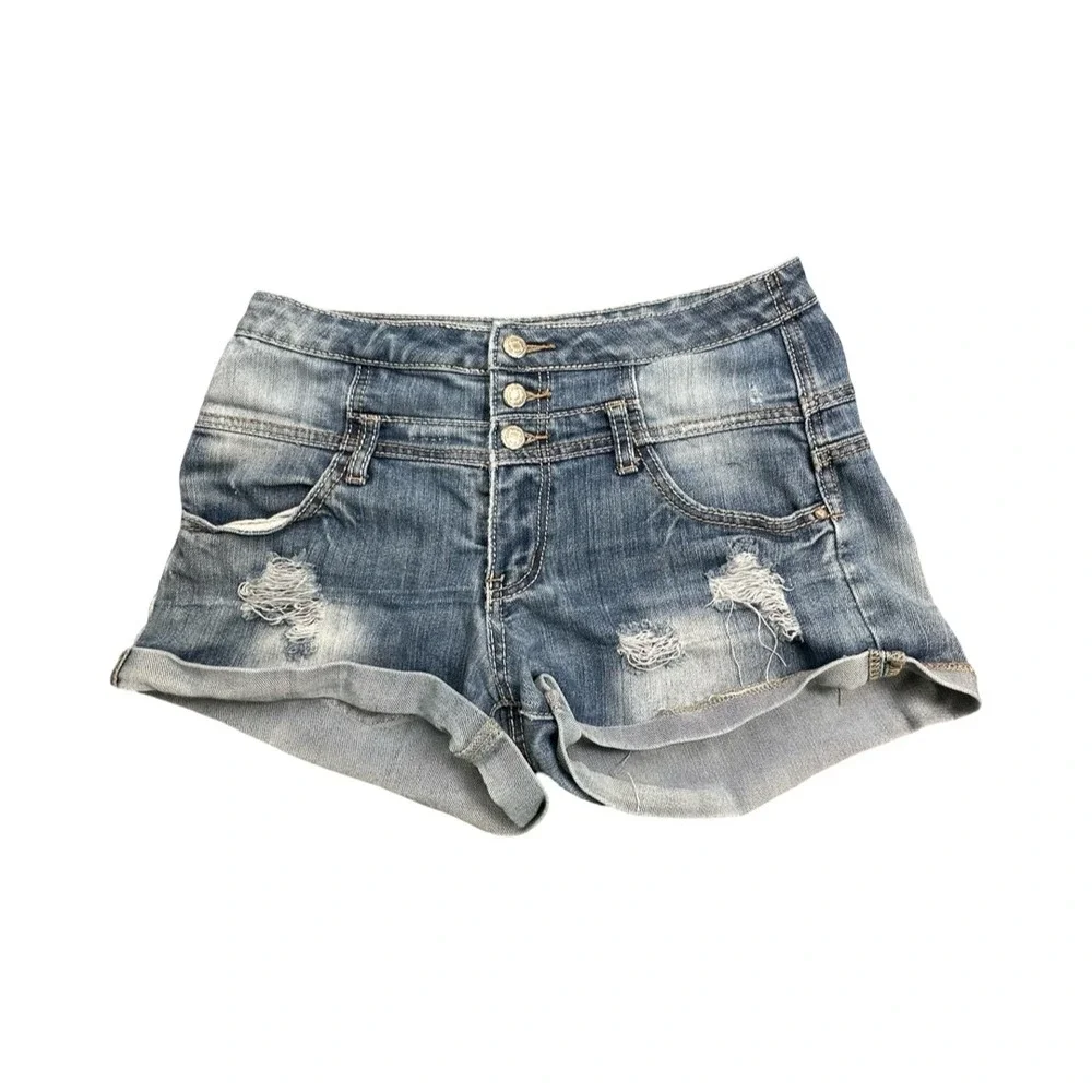 Almost Famous Denim Shorts Women 7 Blue High Waisted Distressed Cuffed Jean