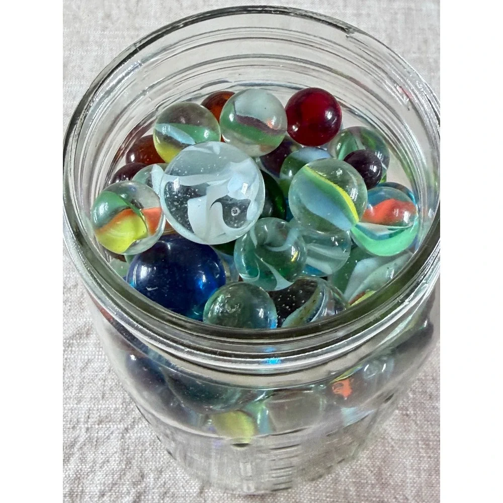 Large Lot Vintage Glass Marbles Assorted Colors Styles in Glass Mason Jar Lid