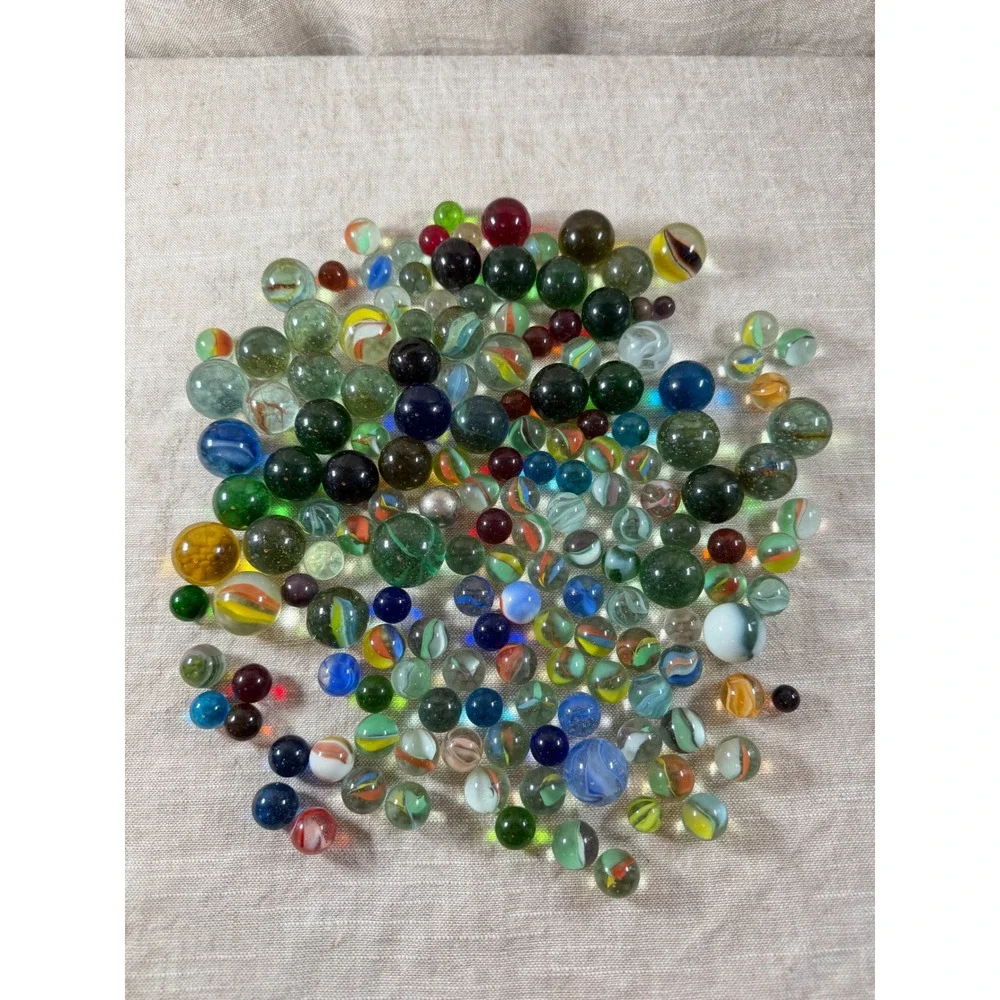 Large Lot Vintage Glass Marbles Assorted Colors Styles in Glass Mason Jar Lid