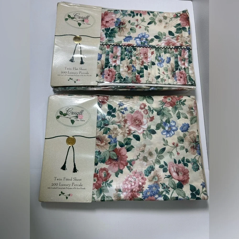 Vintage CROSCILL Floral Twin Flat & Fitted Sheet Ruffle Set 200 Luxury Percale