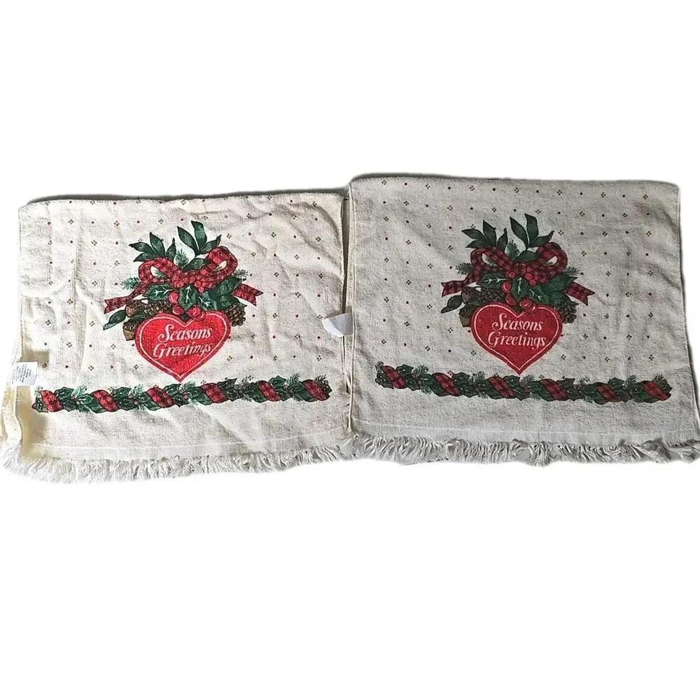 Set 2 VTG MCM Royal Terry Season Greetings Christmas Cotton Fringe Hand Towels‎