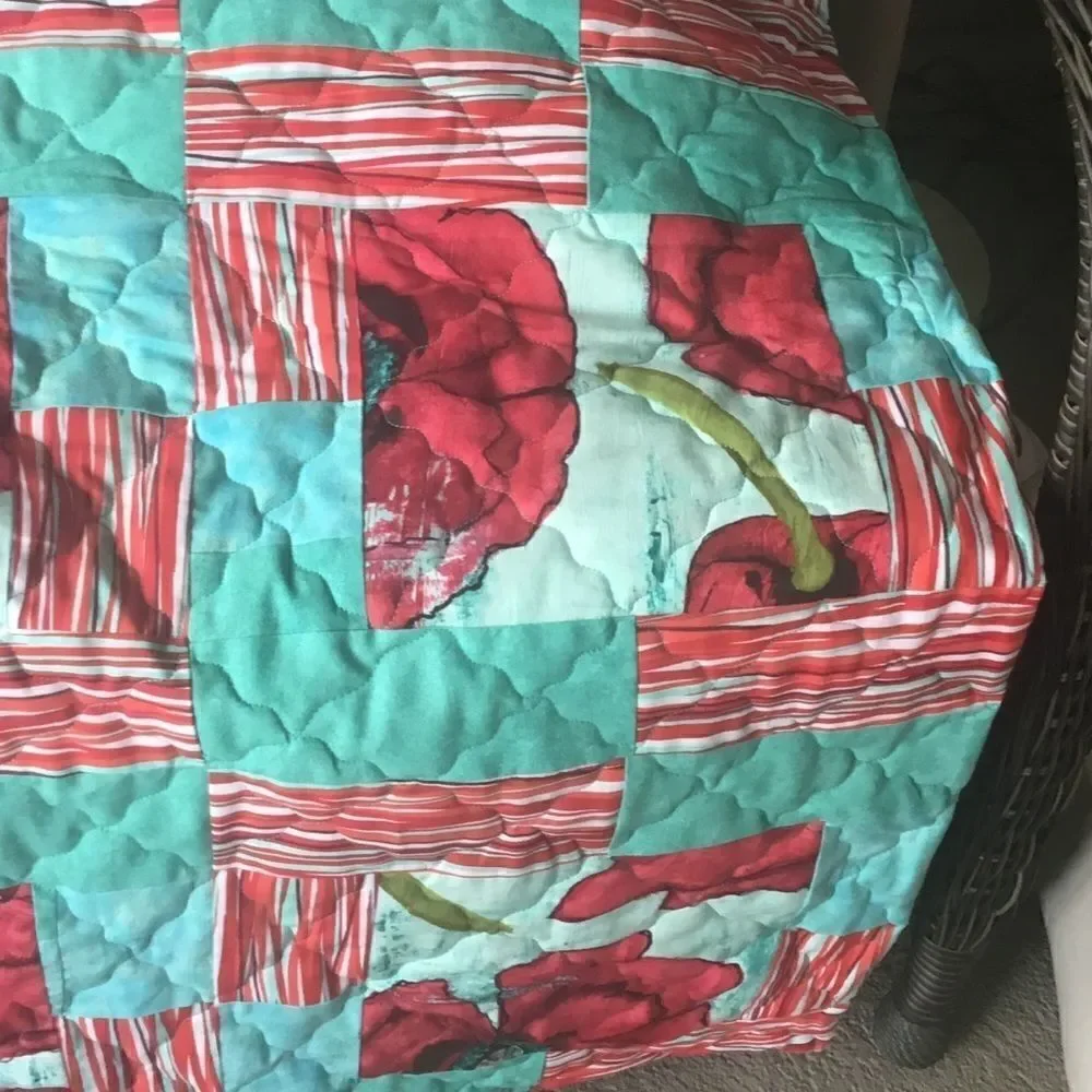 Hand Crafted Quilt Turquoise and Red