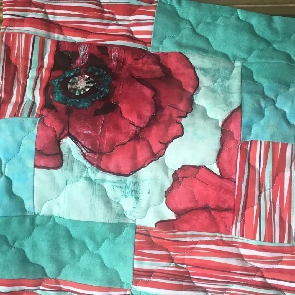 Hand Crafted Quilt Turquoise and Red