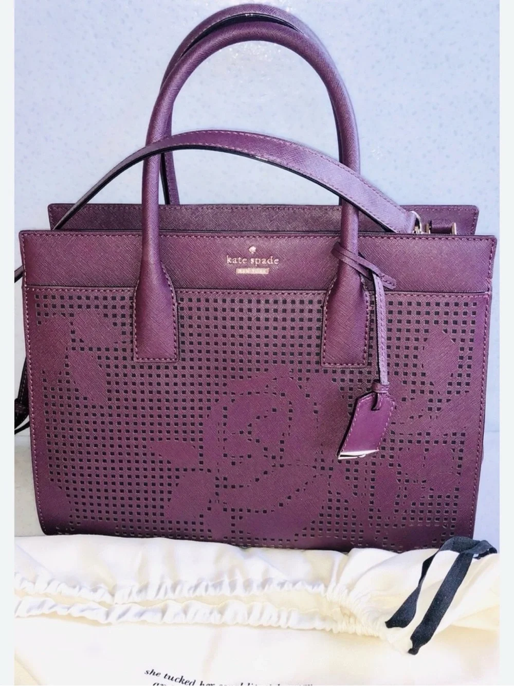kate spade Cameron Plum Perforated Floral Satchel
