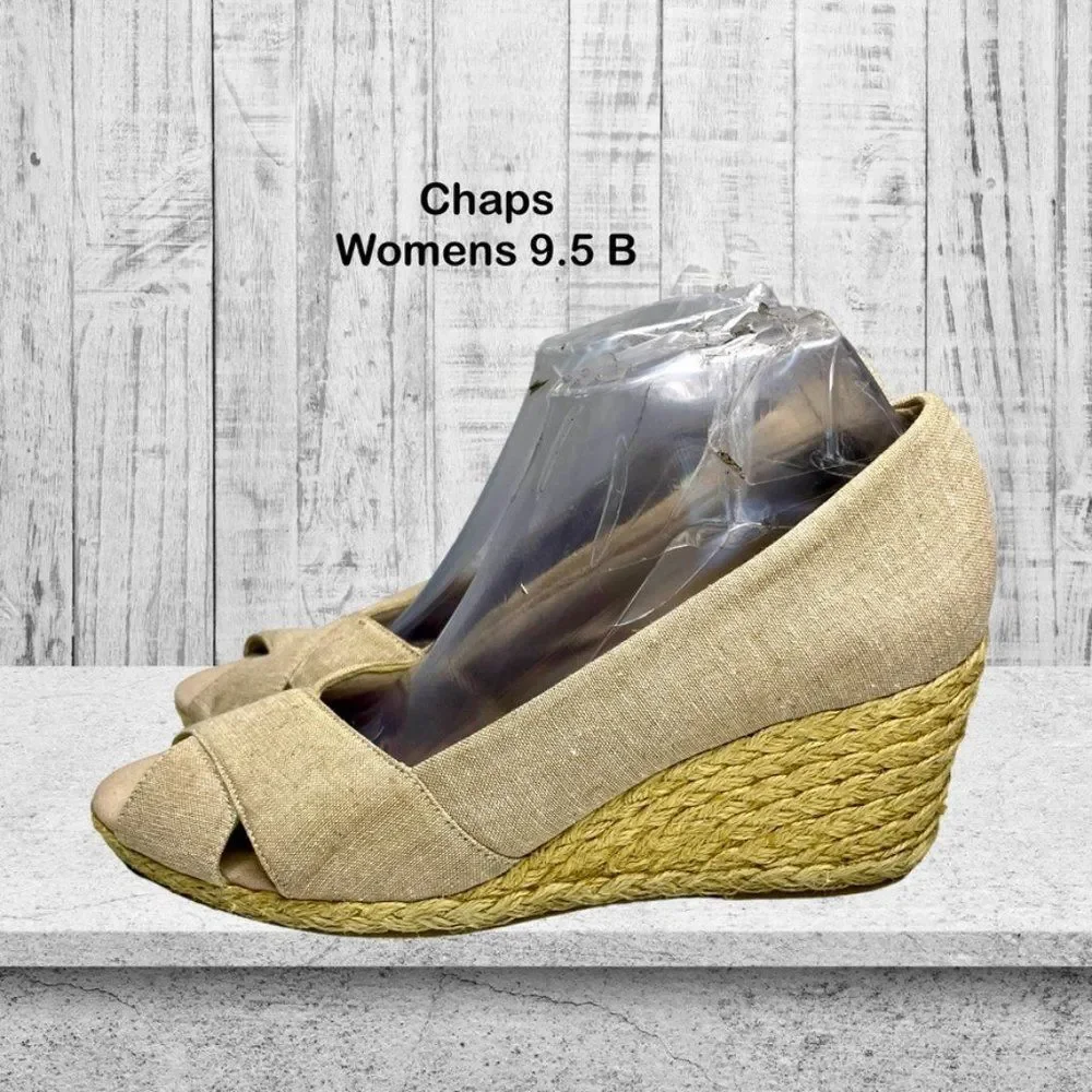 Chaps Womens Dakoda Khaki Chambray Fabric Espadrille‎ Wedge Sandal US Size 9.5