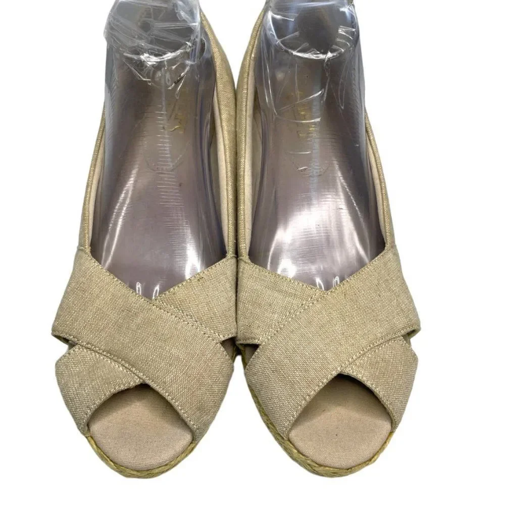Chaps Womens Dakoda Khaki Chambray Fabric Espadrille‎ Wedge Sandal US Size 9.5