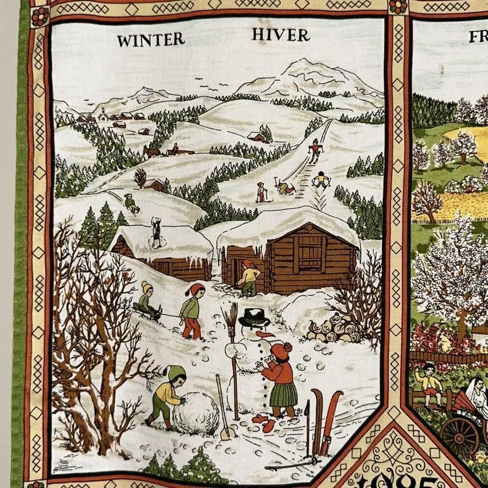 Vintage 1985 Alba cotton calendar tea towel/European scenes of the four‎ seasons