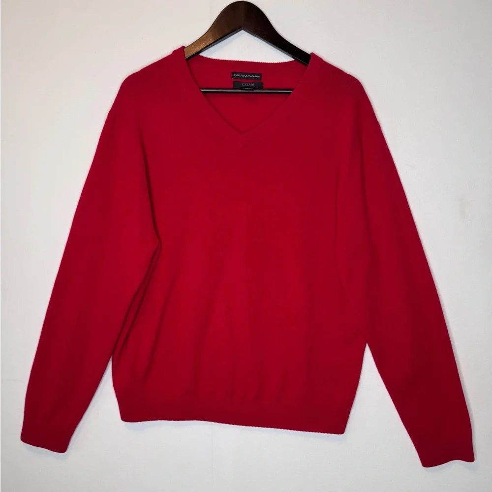 Cezani mens sz XL 100% fine 2 ply cashmere V neck sweater Red‎ Party Festive