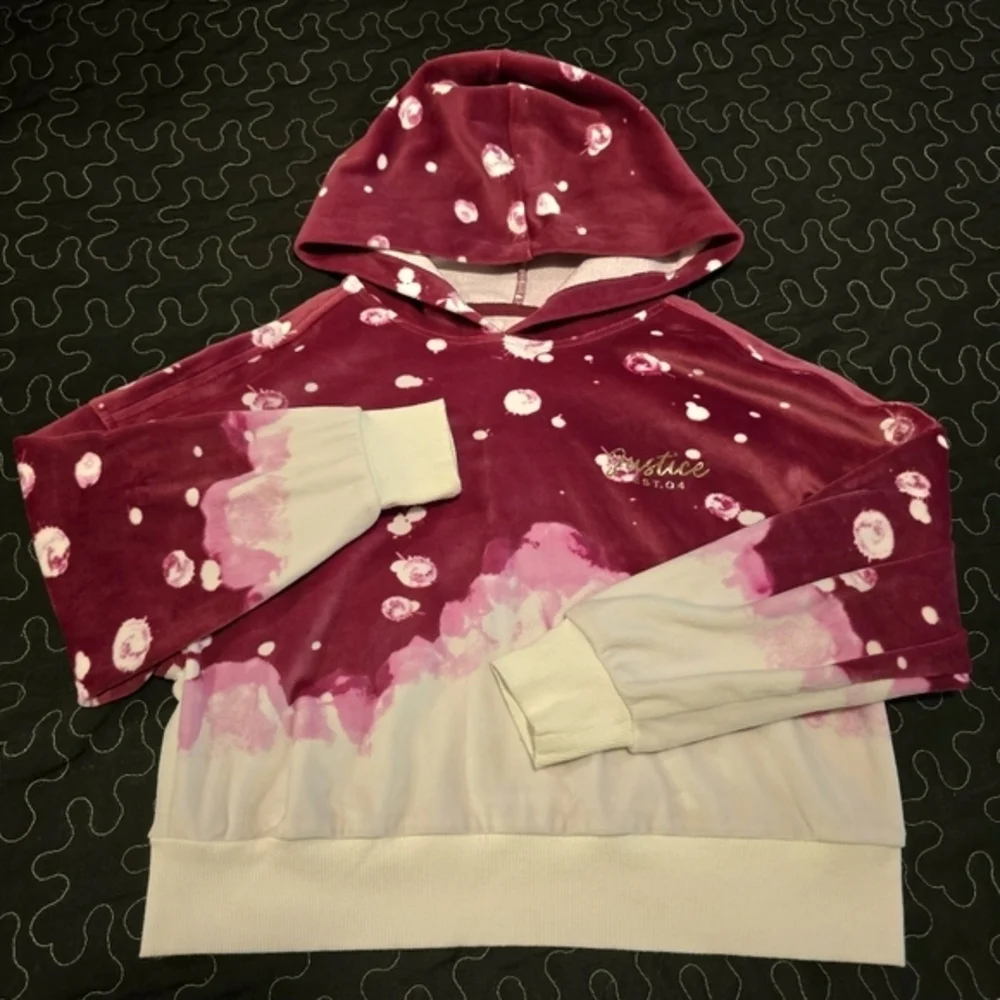 Justice Girl's Two toned Pullover Hoodie Velour Sweater‎ Pink  Size 7/8 Small