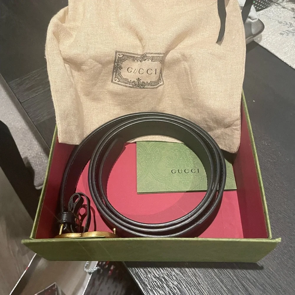 Gucci Black Leather Belt with Aged Gold Double G Buckle
