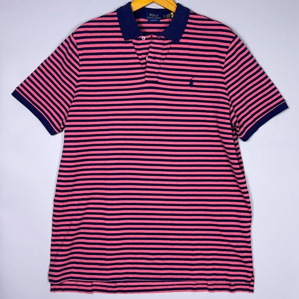 Polo Ralph Lauren Classic Fit Polo Shirt Mens Size XL Striped Pink Navy Preppy