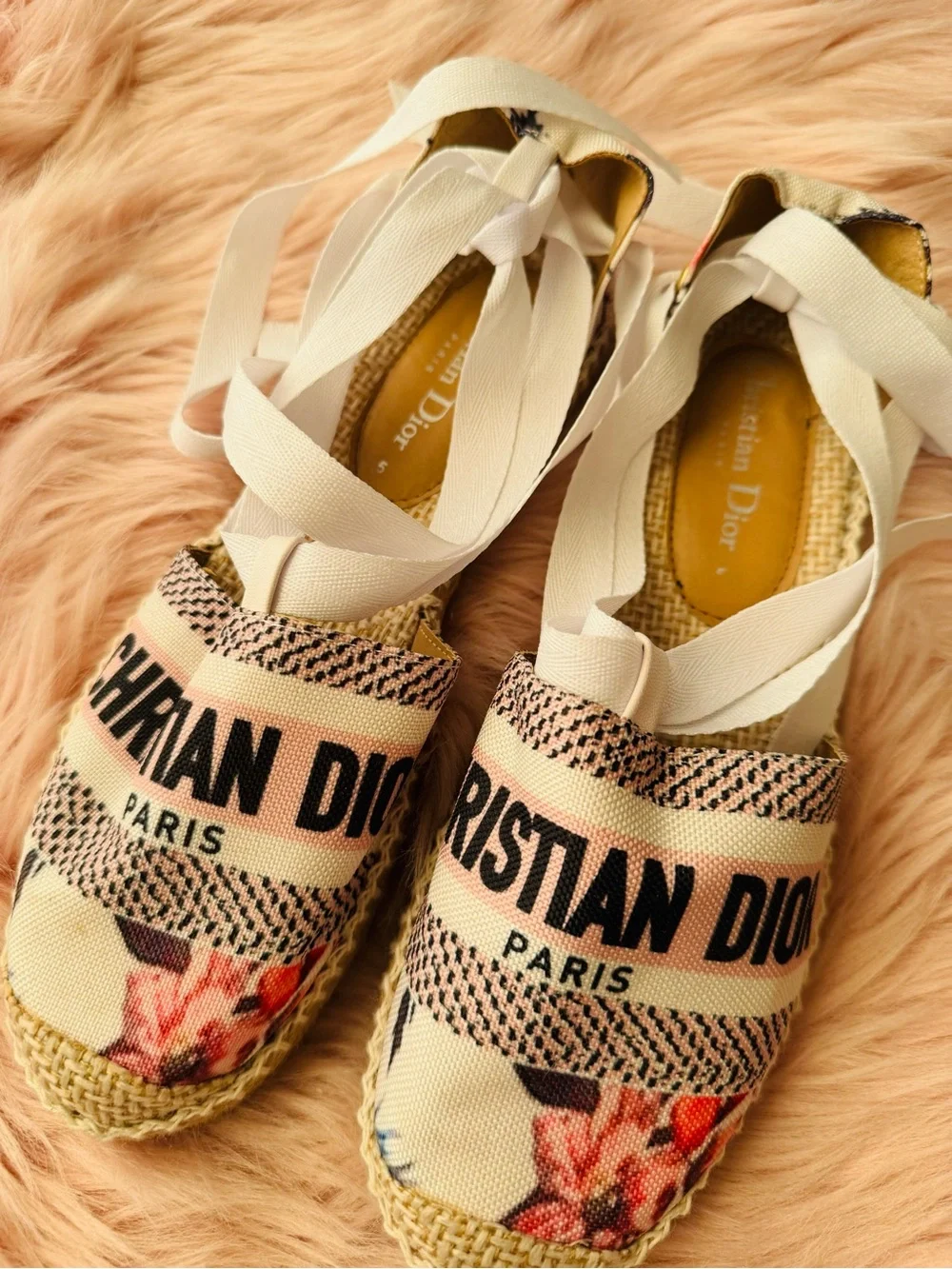 Beige & Pink Floral Espadrille Flats