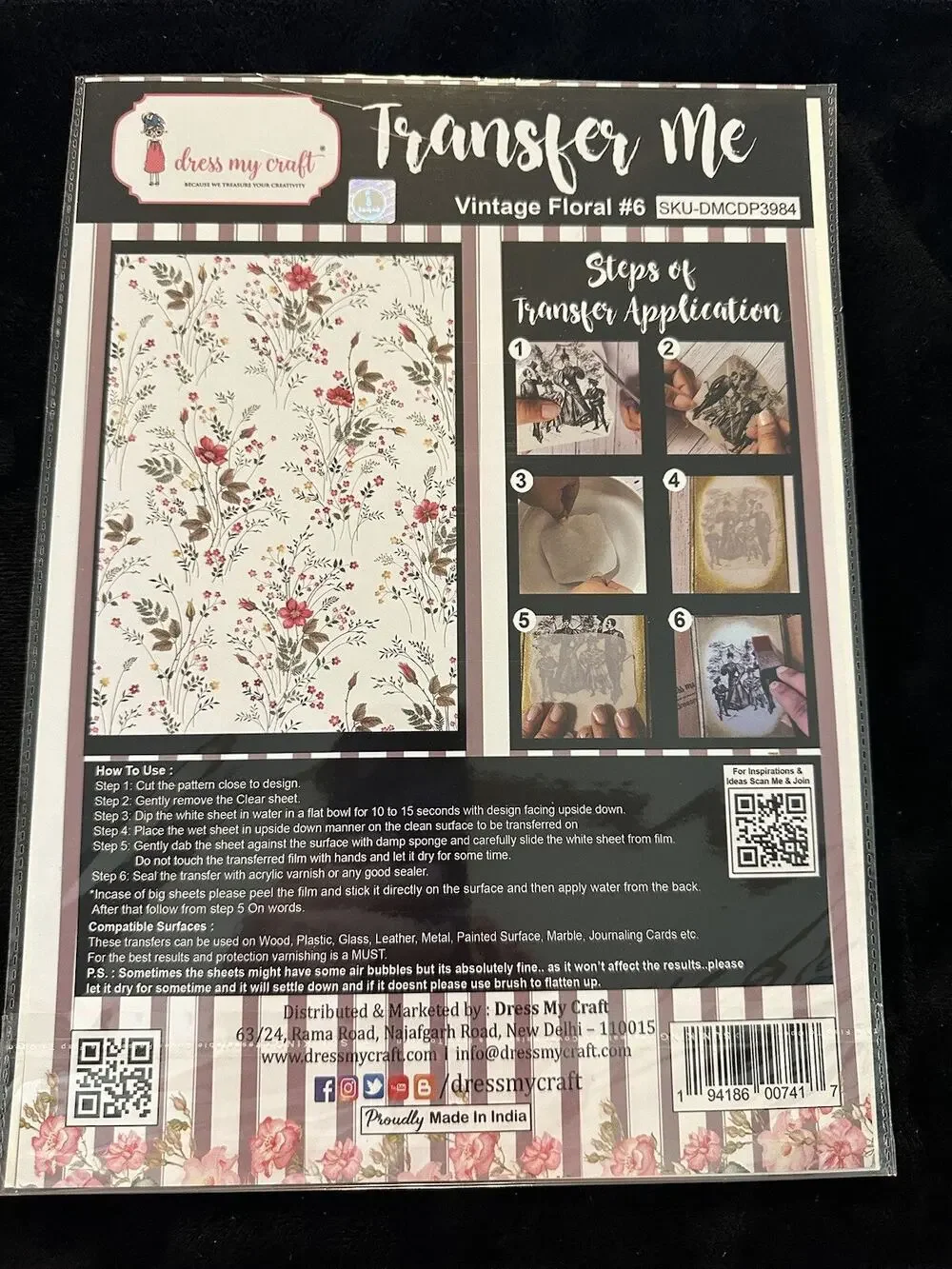 New Sealed Dress My Craft Transfer Me Vintage Floral #6 Flower Floral Dip In H2O