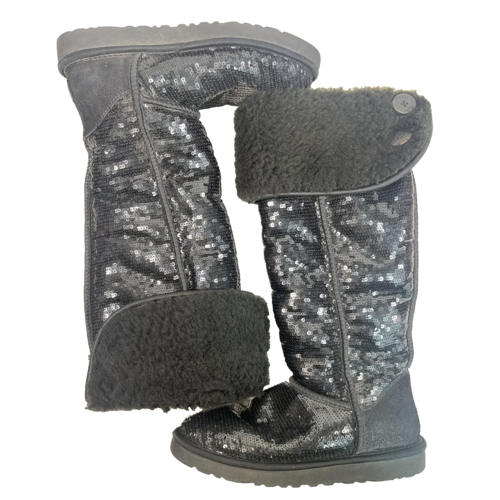 UGG Black Tall Over Knee High Sequin Shearling Button Boots Womens Size‎ 7 Rare