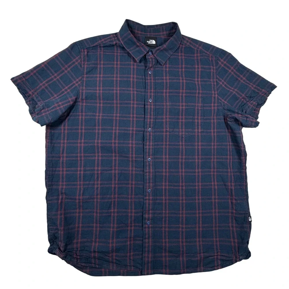 The North Face Mens XL Short Sleeve Plaid Button Up Shirt Navy Blue Burgundy Red