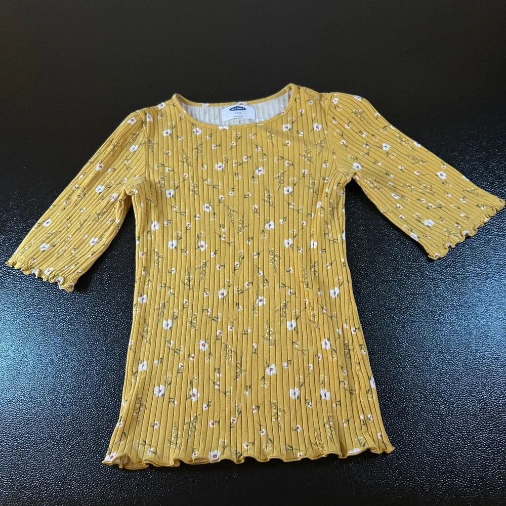 Old Navy Floral Ribbed Top Ruffle‎ Sleeve Girls Shirt Mustard Yellow Extra Large