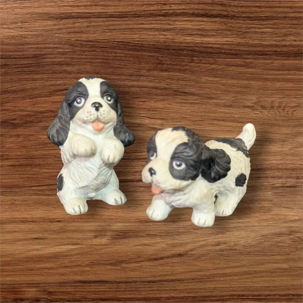Vintage Japan Set Of 2 Ceramic Spaniel Puppy‎ Figurines With Playful Expressions