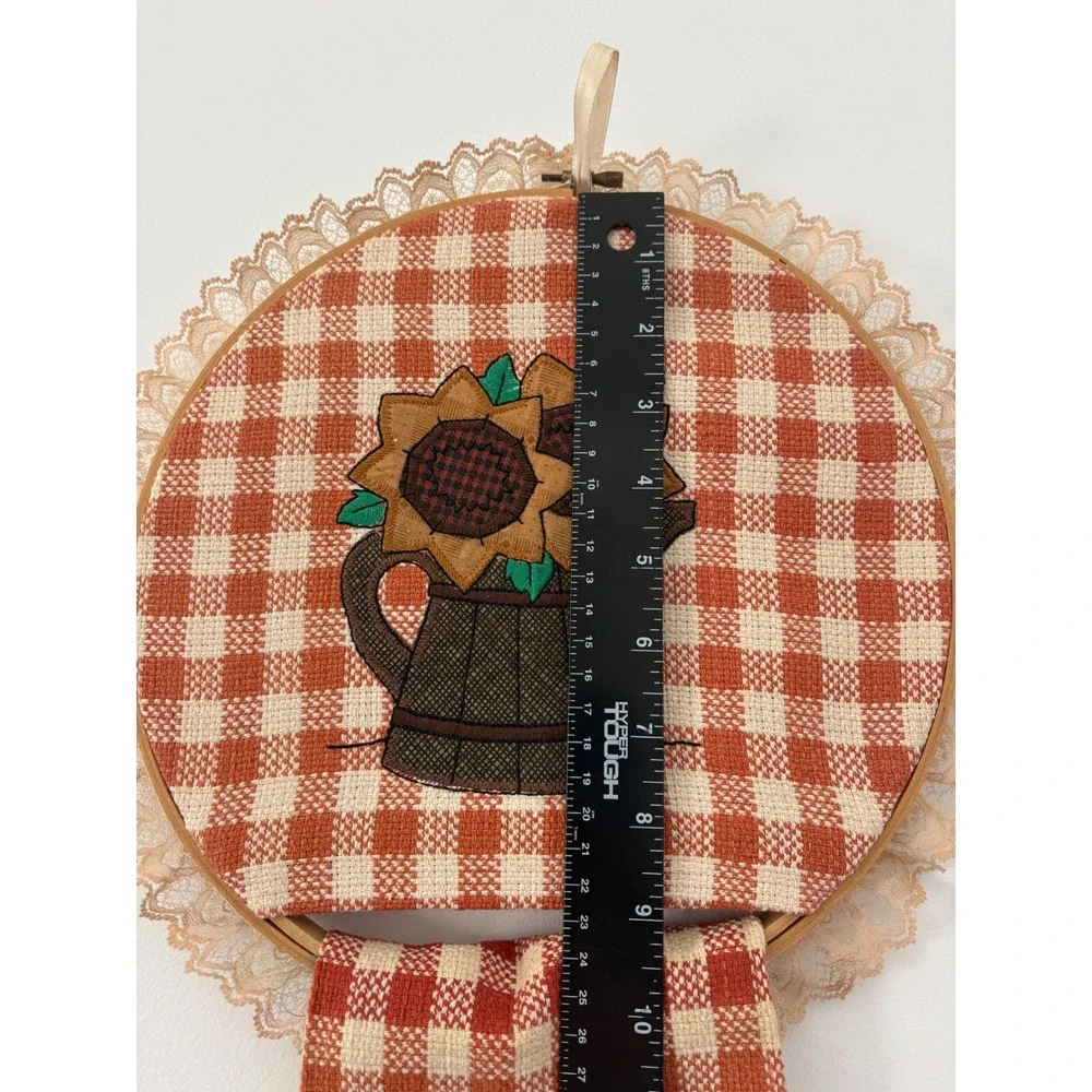 Handmade Sunflower Gingham Kitchen Towel Holder Set Orange Lace Trim Farmhouse