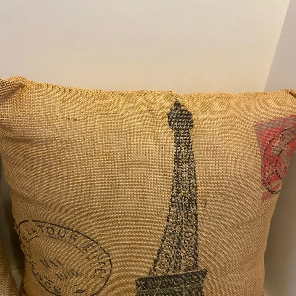 3 European print burlap pillows France‎ England lot