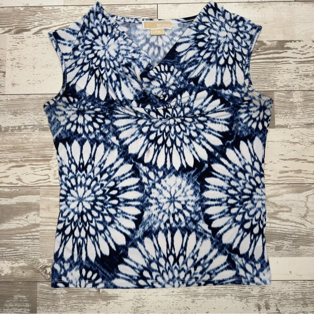 Michael Kors Petite Medium Sleeveless Abstract Floral‎ Top Blue White V-Neck
