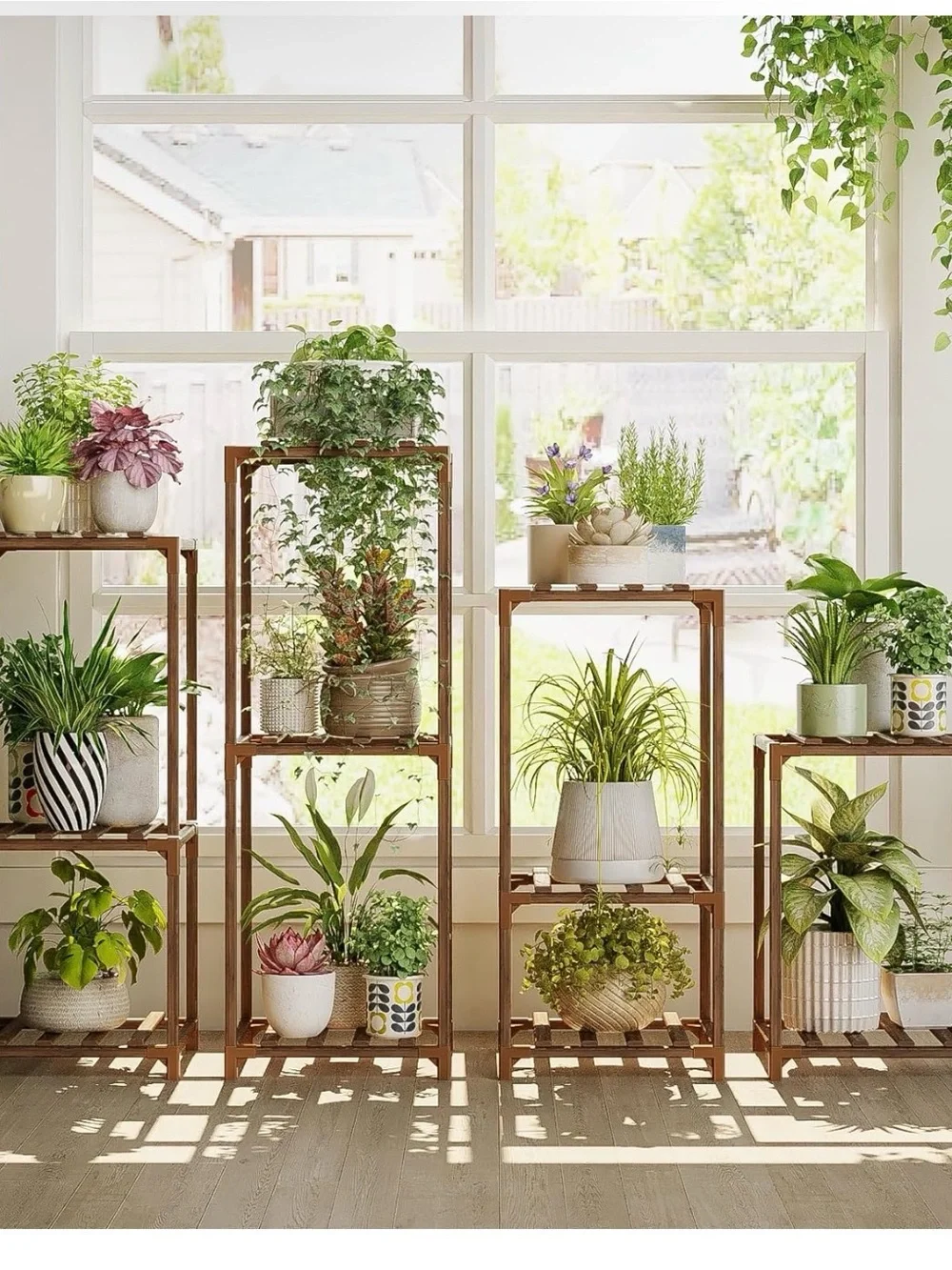 Modular Wooden Plant Stand Shelving for Home Wall Decor - Brown