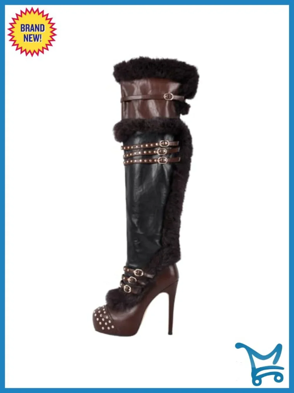Platform Thigh High Boots Studded Faux Fur Heels Stilettos