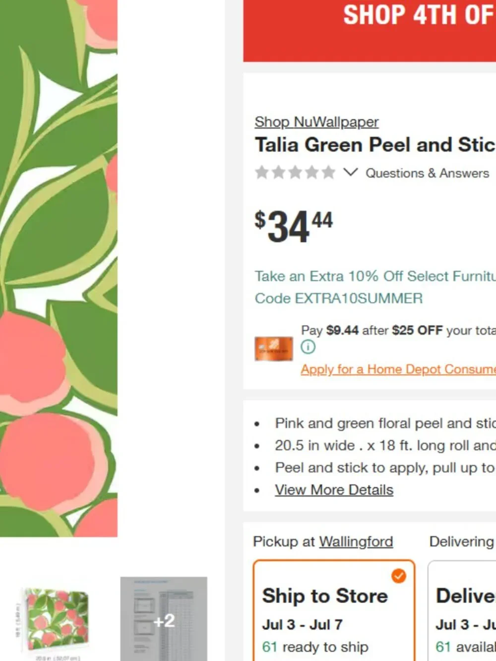 NEW NuWallpaper x Megan Carter Talia Green Peel and Stick Green Peach Wallpaper