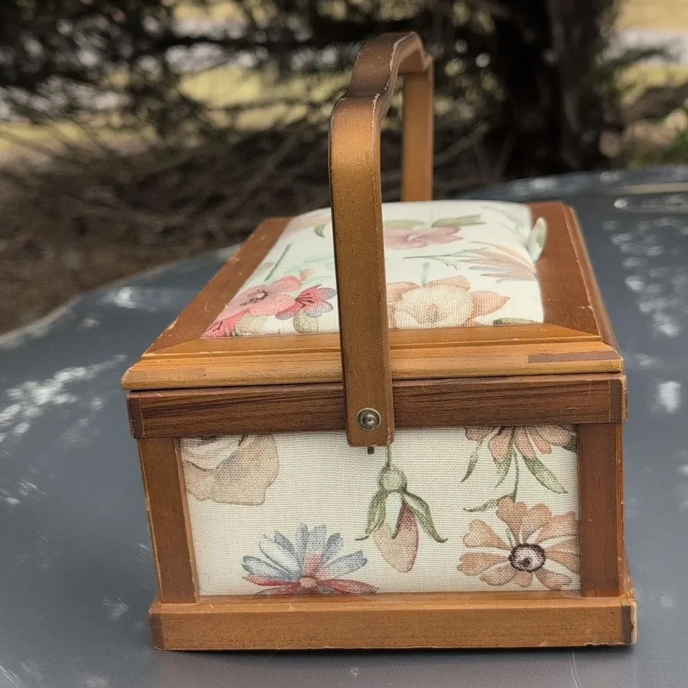Vintage Wood Sewing Box with Handle Floral Cottagecore Fabric Grandmacore