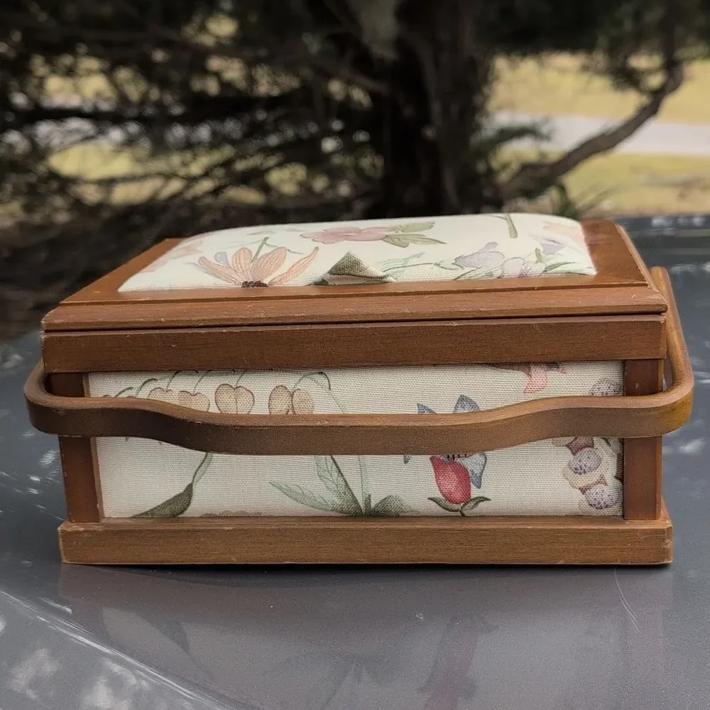 Vintage Wood Sewing Box with Handle Floral Cottagecore Fabric Grandmacore