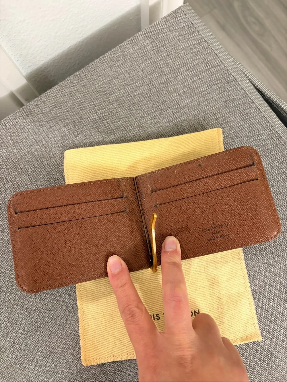 Louis Vuitton Brown Leather Money Clip Card Holder with Gold-Tone Clip