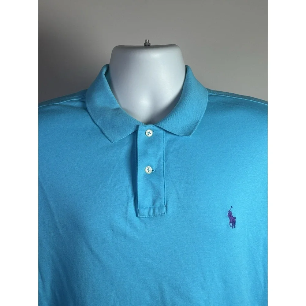 Polo Ralph Lauren Men XL‎ Blue Short Sleeve Pique Polo Shirt Purple Pony Logo