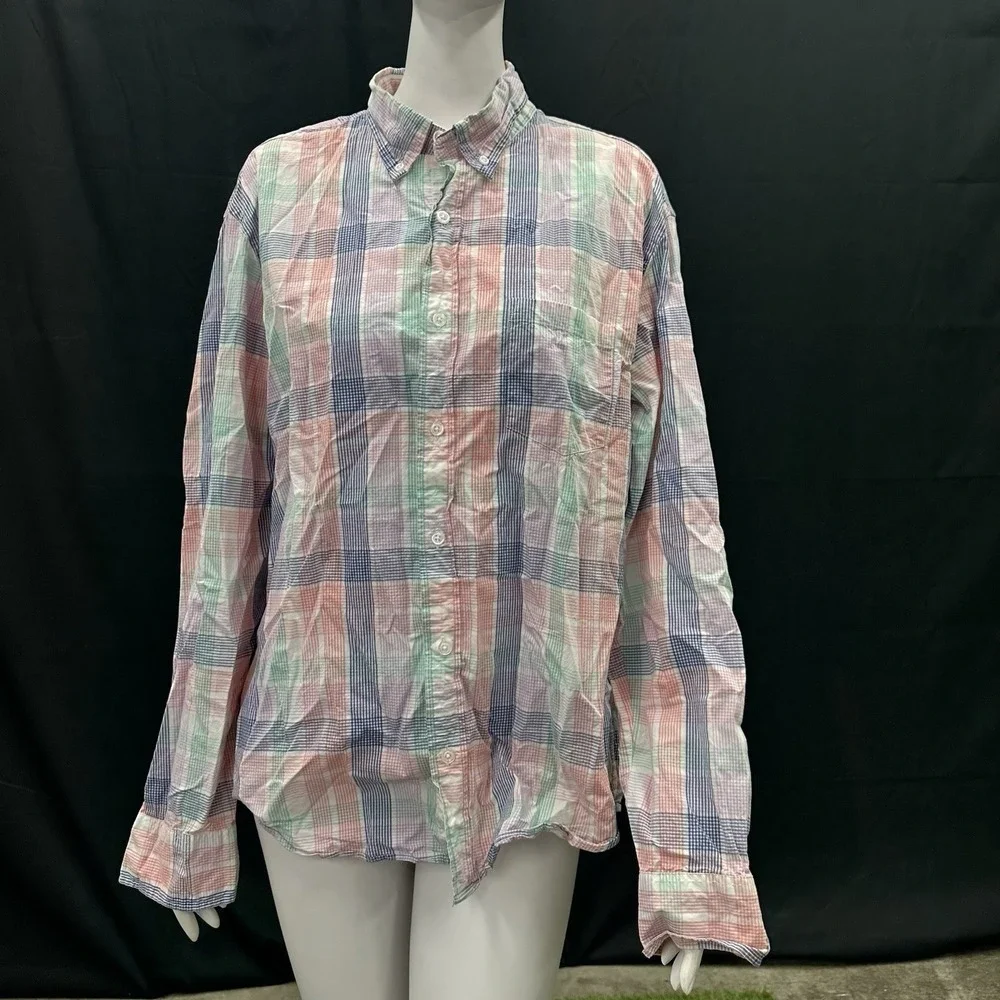 J Crew Shirt Pastel Men's Button Up Shirt XL Slim Fit Flex Washed Plaid Untucked