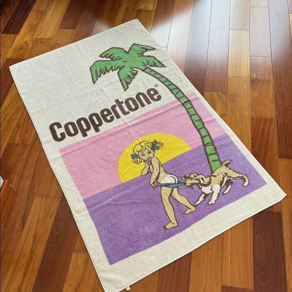 Vintage Coppertone Beach Towel Girl Dog Palm‎ Tree 36X62 Sunscreen Iconic USA