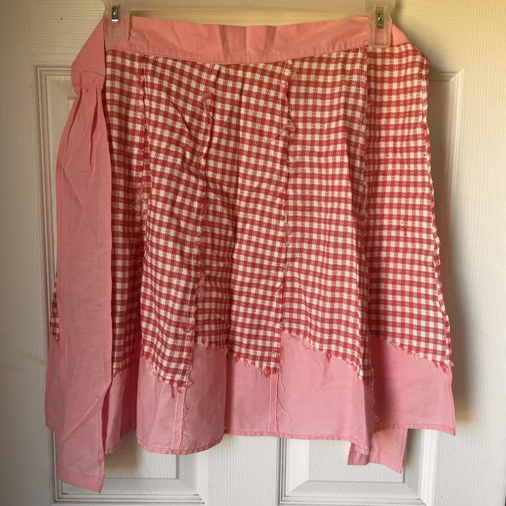 Vintage Handmade Cotton Pink Gingham Check Half Apron Pink & White Diner BxQ‎