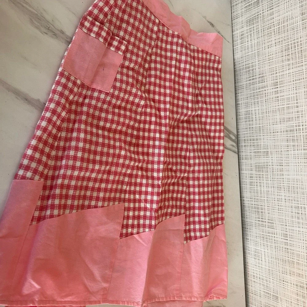 Vintage Handmade Cotton Pink Gingham Check Half Apron Pink & White Diner BxQ‎