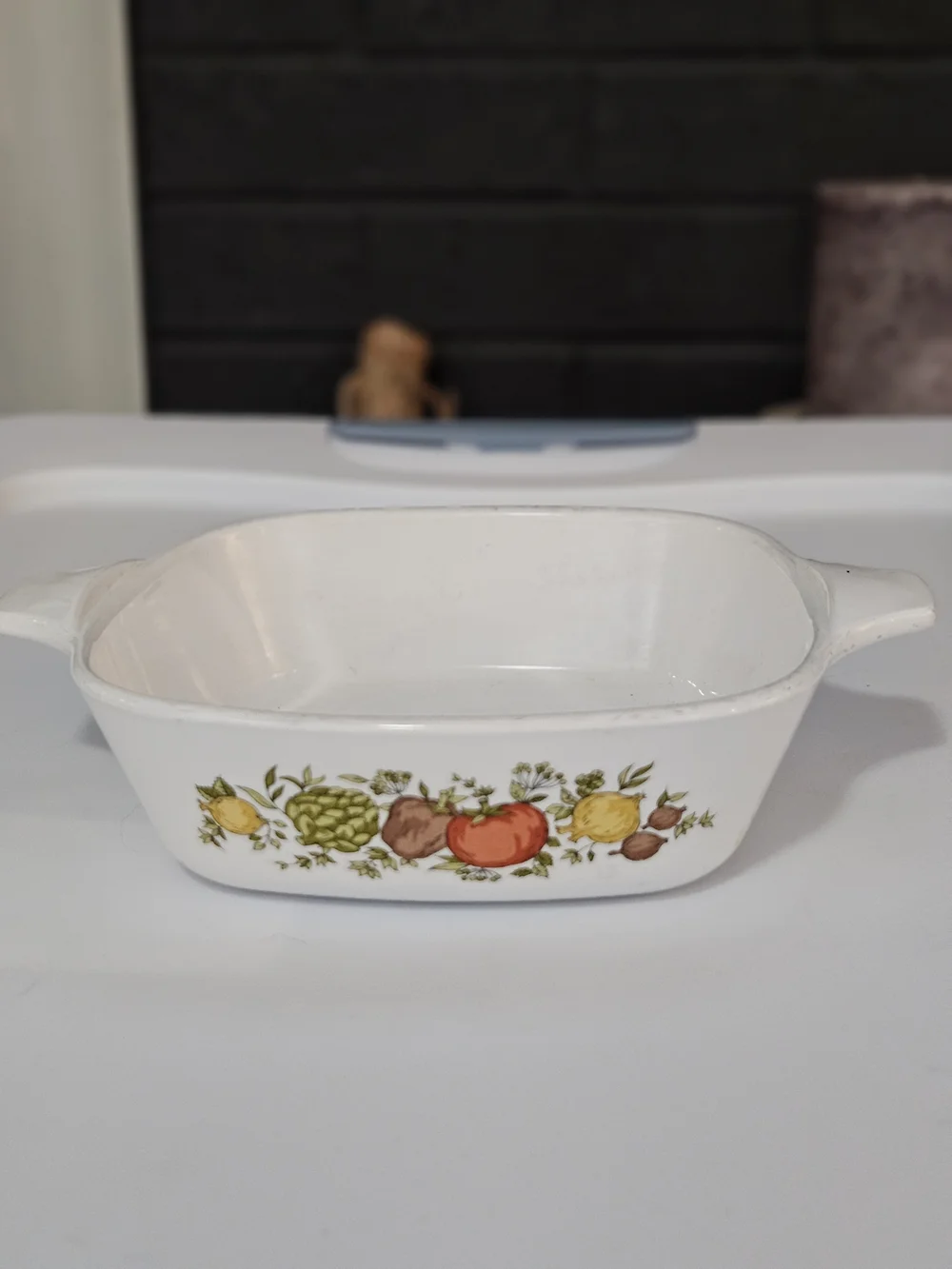 Corningware White Ceramic Casserole with Harvest Vegetable Design