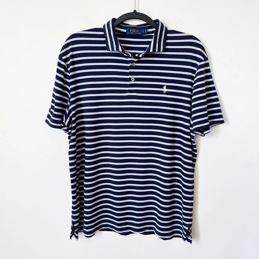 Polo Ralph Lauren Short Sleeve Striped Polo‎ Shirt Mens Large Navy Blue White