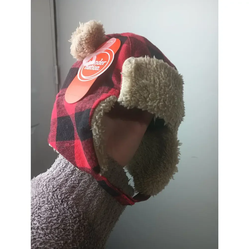 Toddler Infant Red Black Buffalo‎ Plaid Trapper Hat Faux Fur Lining Duck NWT