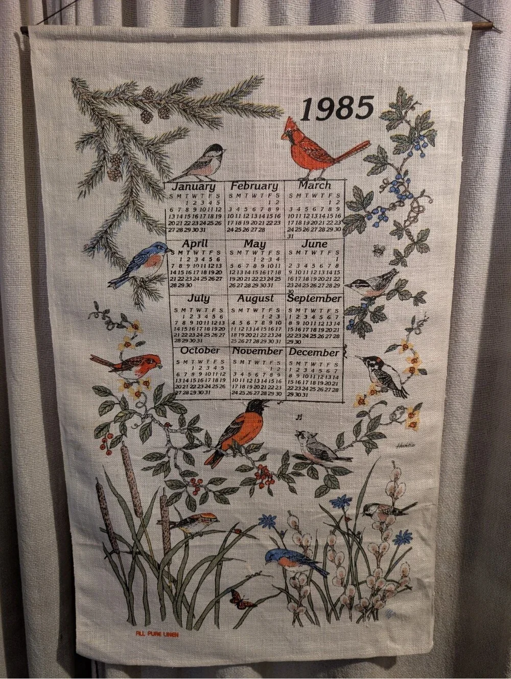 Vintage 1985 Bird Motif Linen Wall Calendar Hanging Textile