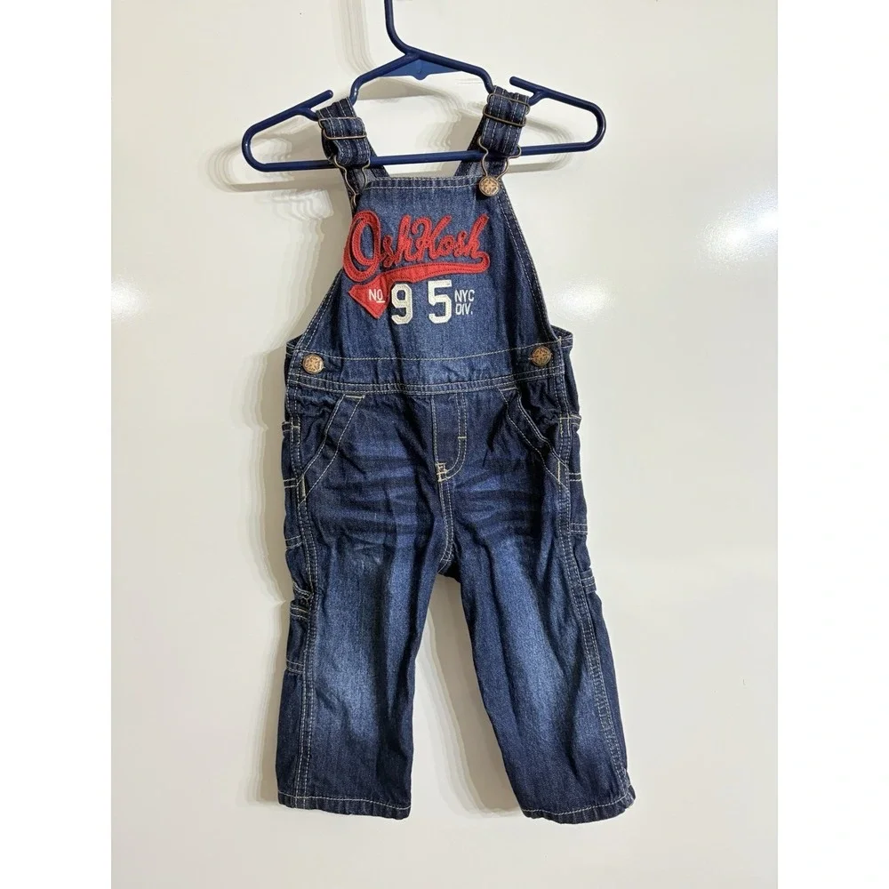 Oshkosh B'Gosh 12M Baby Boy Blue Denim Overalls Red White Logo‎