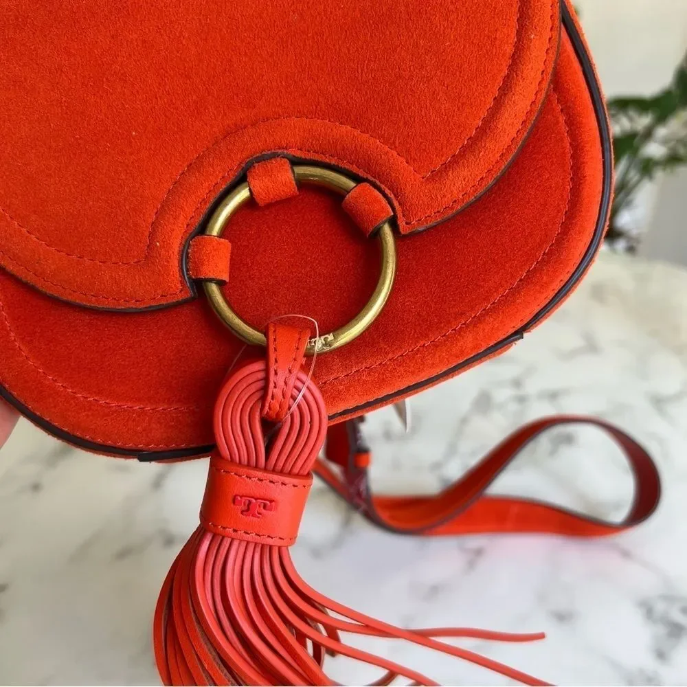 NWT Tory Burch Tassel Mini Saddle Bag Pure Orange Suede Leather Crossbody