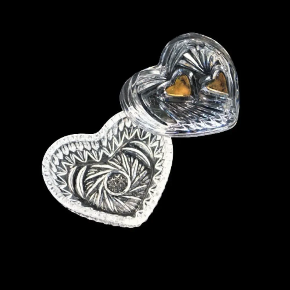 Vintage Trinket Dish Heart Shaped Starburst Crystal Cut Glass Jewelry Box