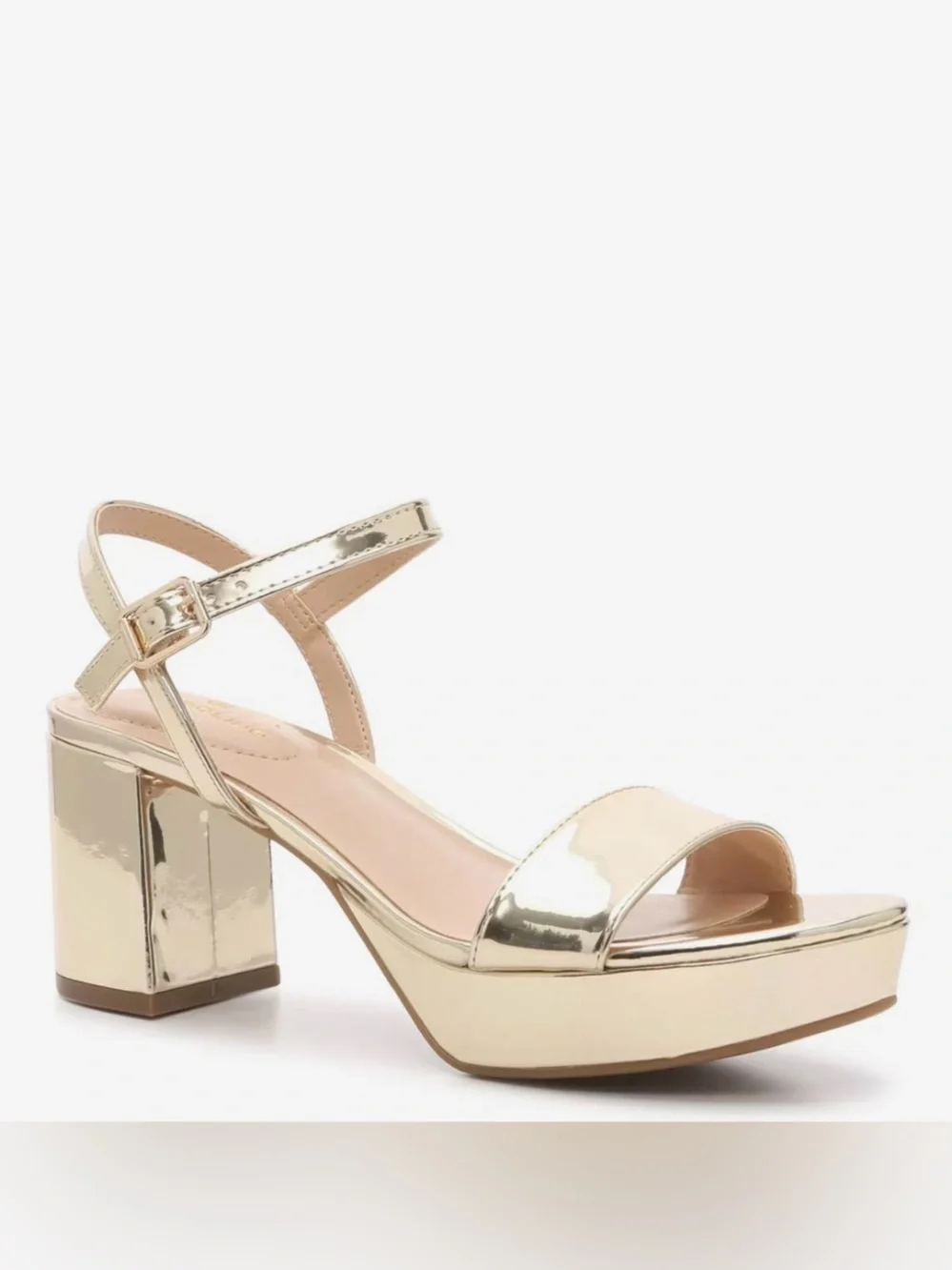 Metallic Gold Block Heel Sandal with Ankle Strap
