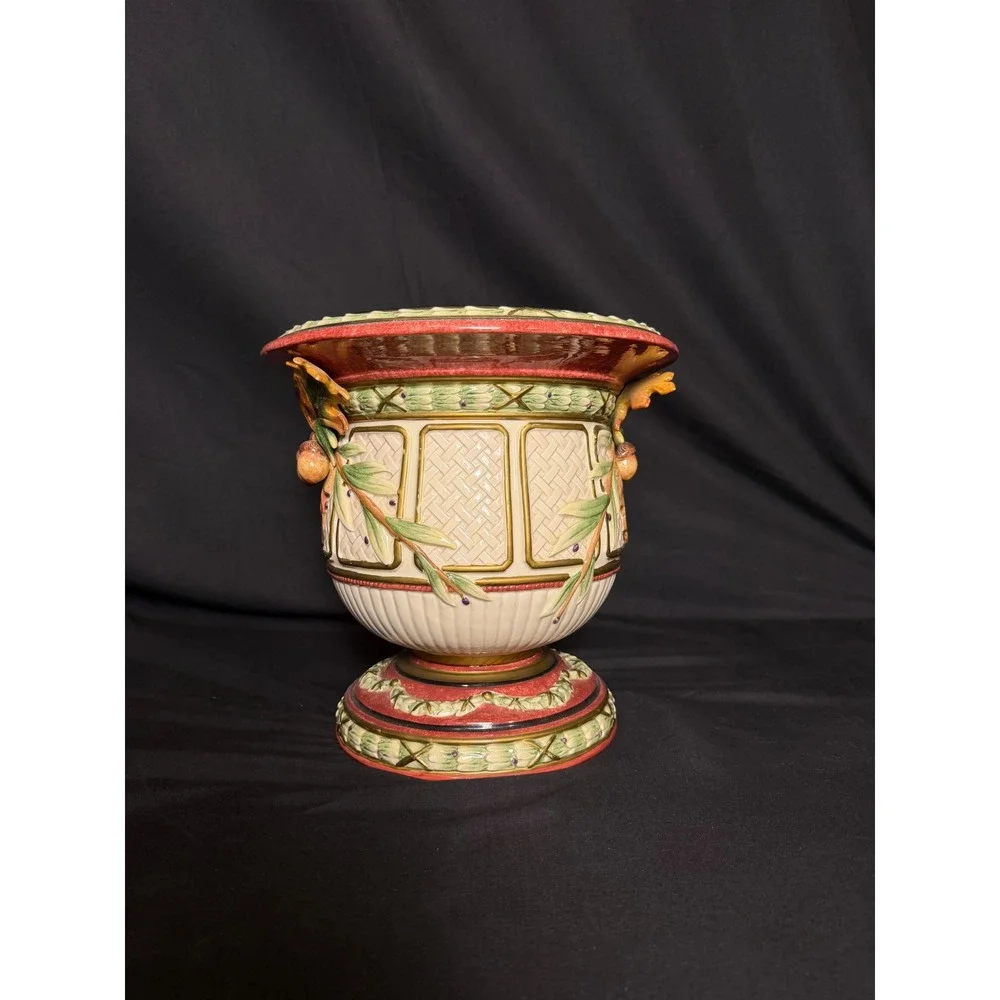 Fritz & Floyd Urn Home Decor Large Cream Red Good Acorn Oak Leaf Majolica