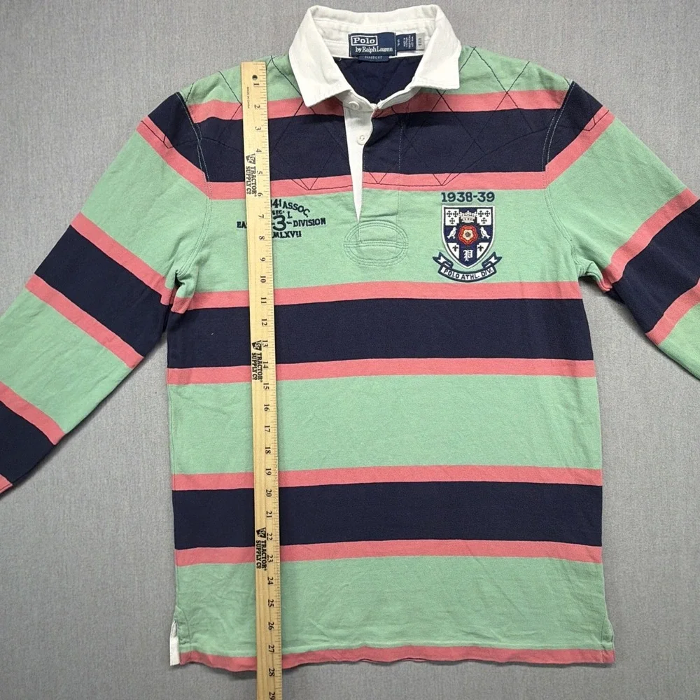 Polo Ralph Lauren Rugby Shirt Green Pink Navy Striped Crest Embroidered S / M