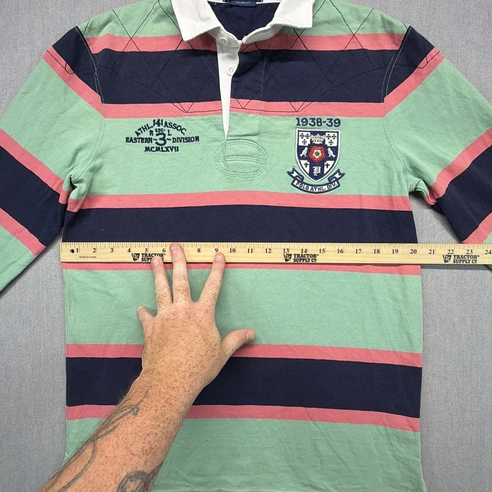 Polo Ralph Lauren Rugby Shirt Green Pink Navy Striped Crest Embroidered S / M