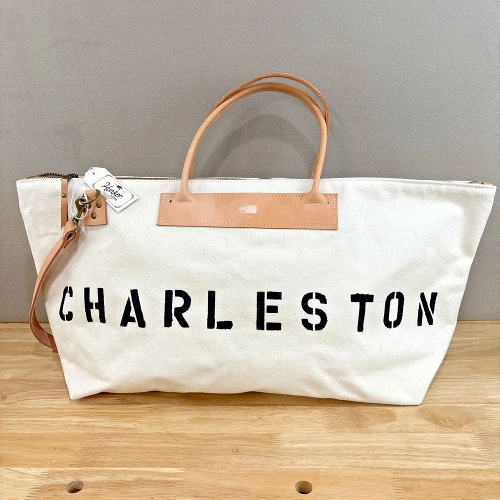 Hunker Goods Charleston Canvas White Leather Handle Large Duffel Bag NWT
