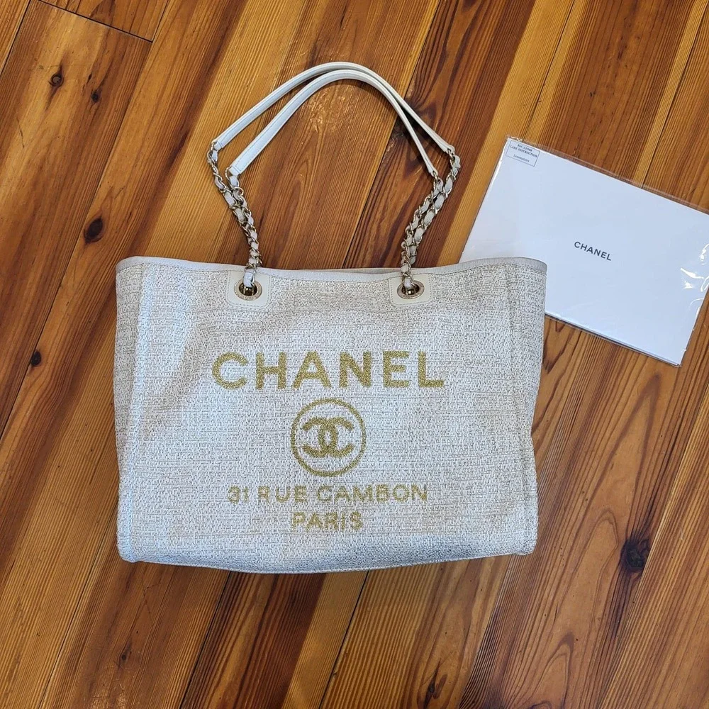 Chanel Lurex Boucle Small Deauville Tote Bag Ivory Gold 31 Rue Cambon 27202807